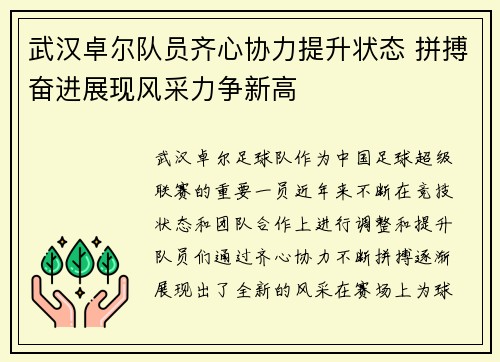 武汉卓尔队员齐心协力提升状态 拼搏奋进展现风采力争新高
