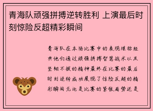 青海队顽强拼搏逆转胜利 上演最后时刻惊险反超精彩瞬间