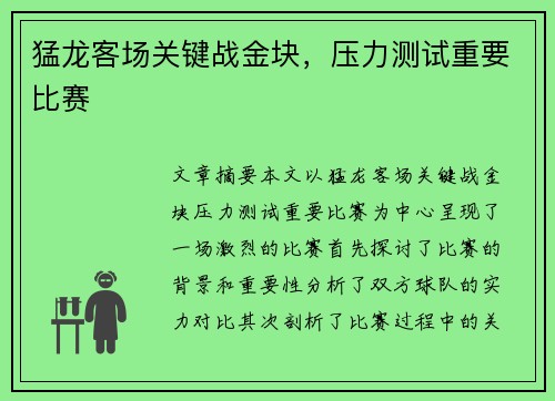猛龙客场关键战金块，压力测试重要比赛